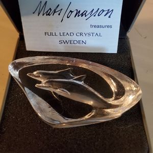 Mats Jonasson Dolphins Crystal Paperweight Signed